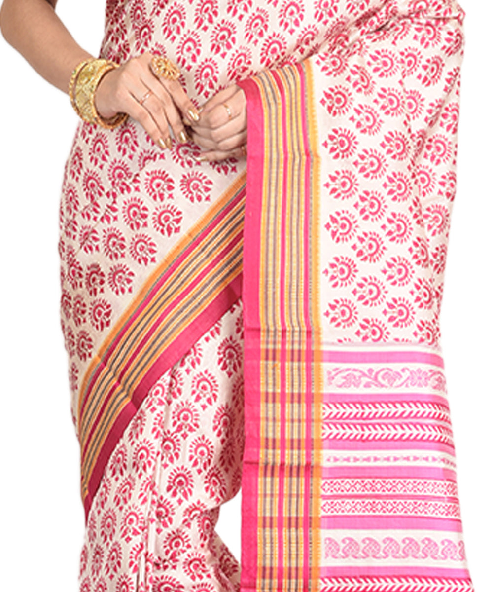 Pink orange handblock printed silk sari