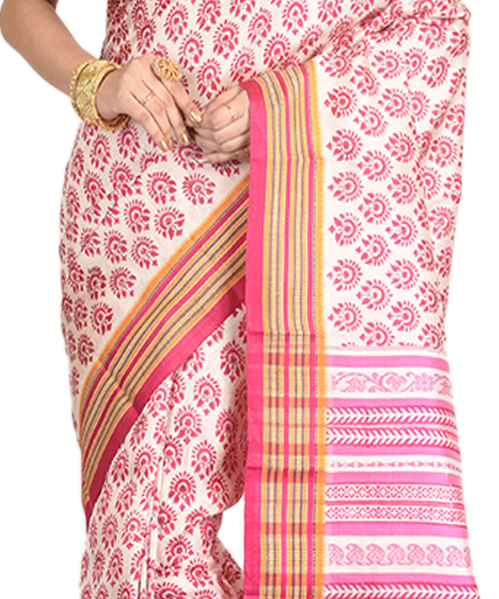 Pink orange handblock printed silk sari
