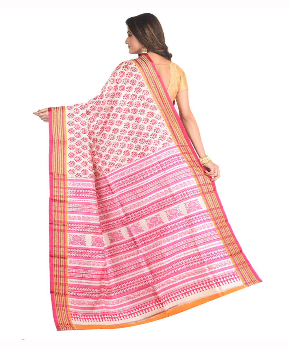 Pink orange handblock printed silk sari
