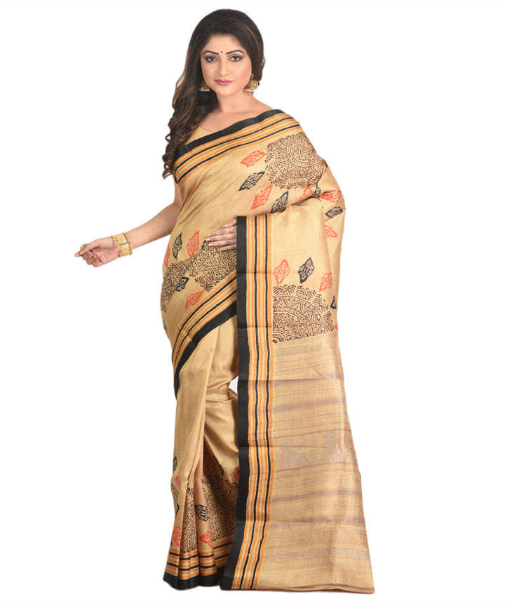 Cream handblock printed silk sari