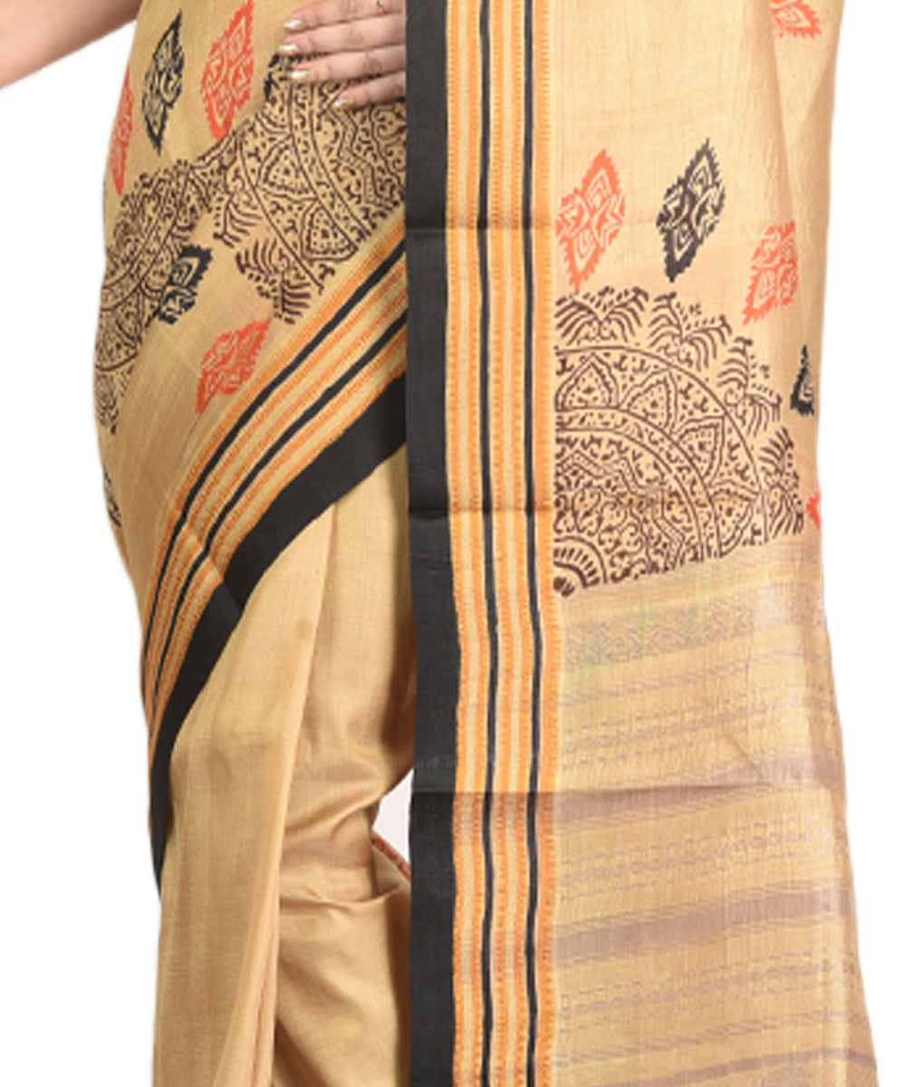 Cream handblock printed silk sari
