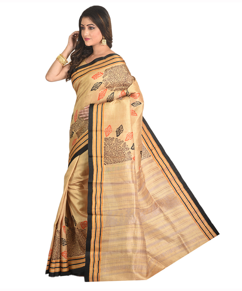 Cream handblock printed silk sari