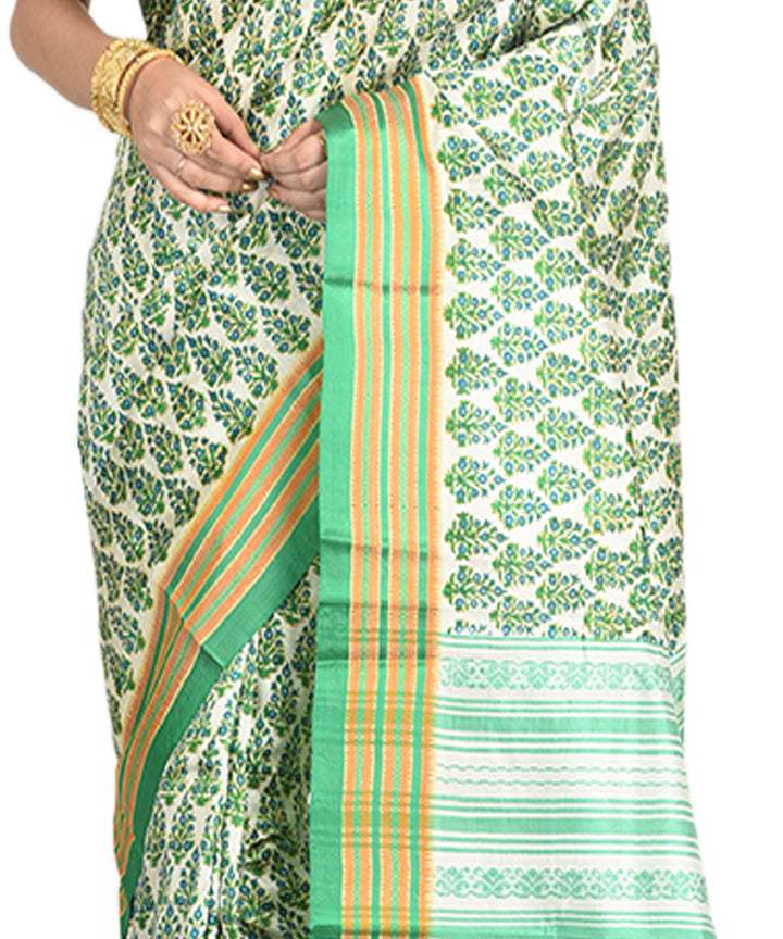 Dark green yellow handblock printed silk sari