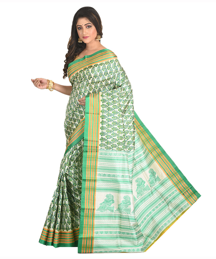 Dark green yellow handblock printed silk sari