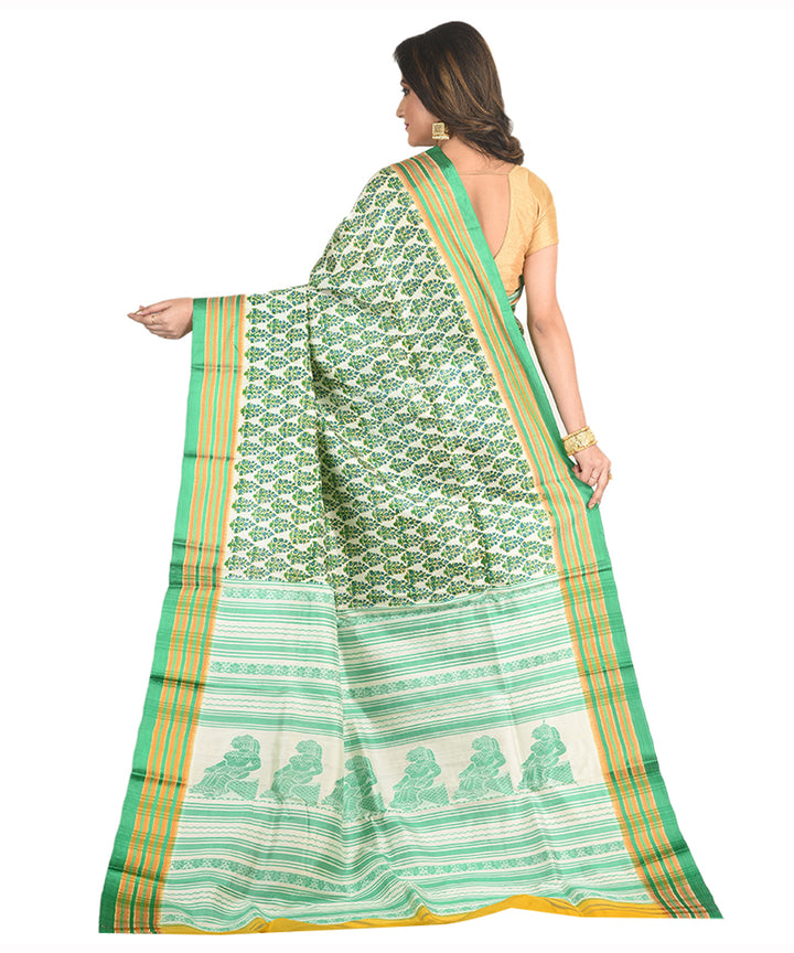 Dark green yellow handblock printed silk sari