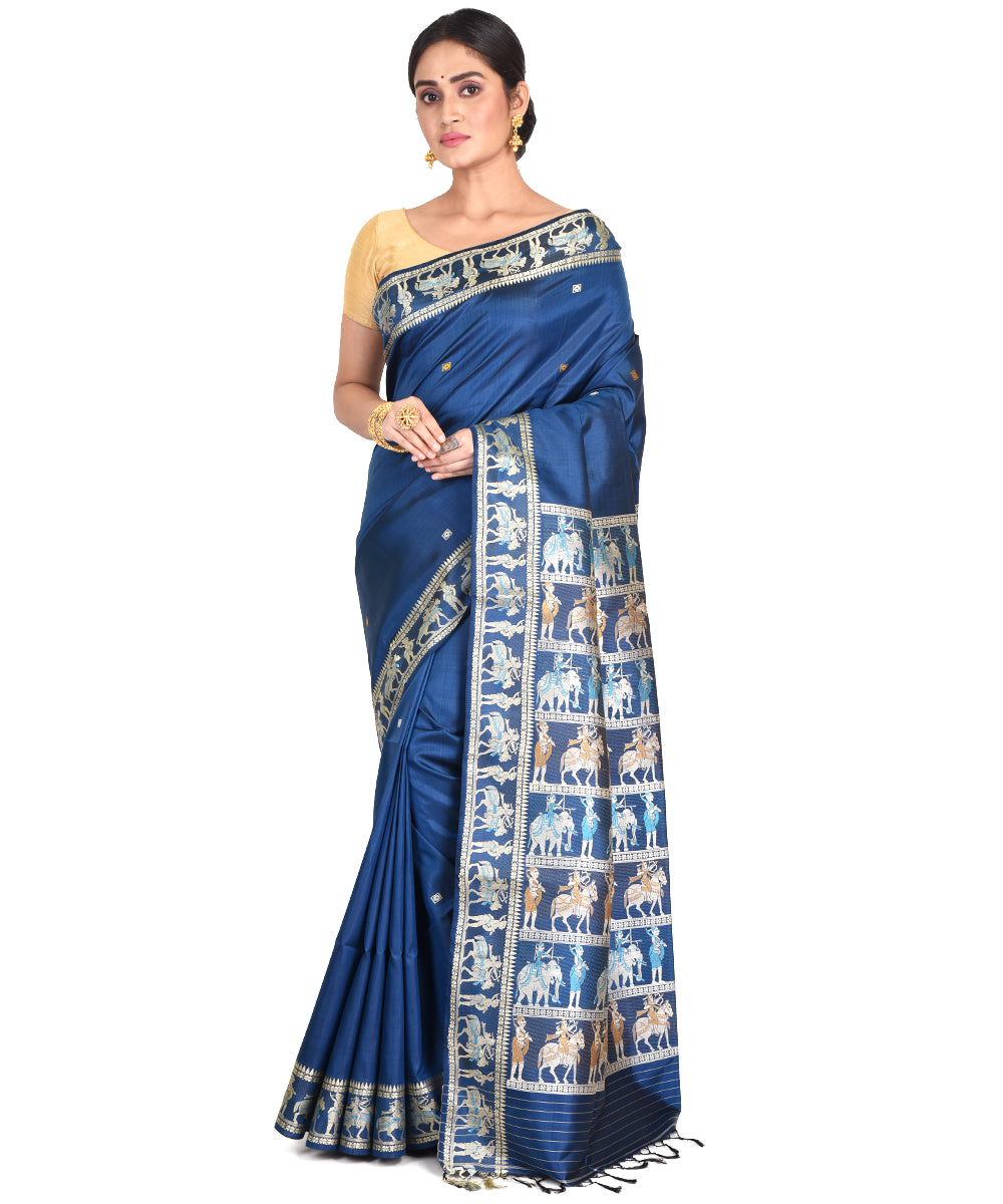 Navy blue handwoven silk bengal sari