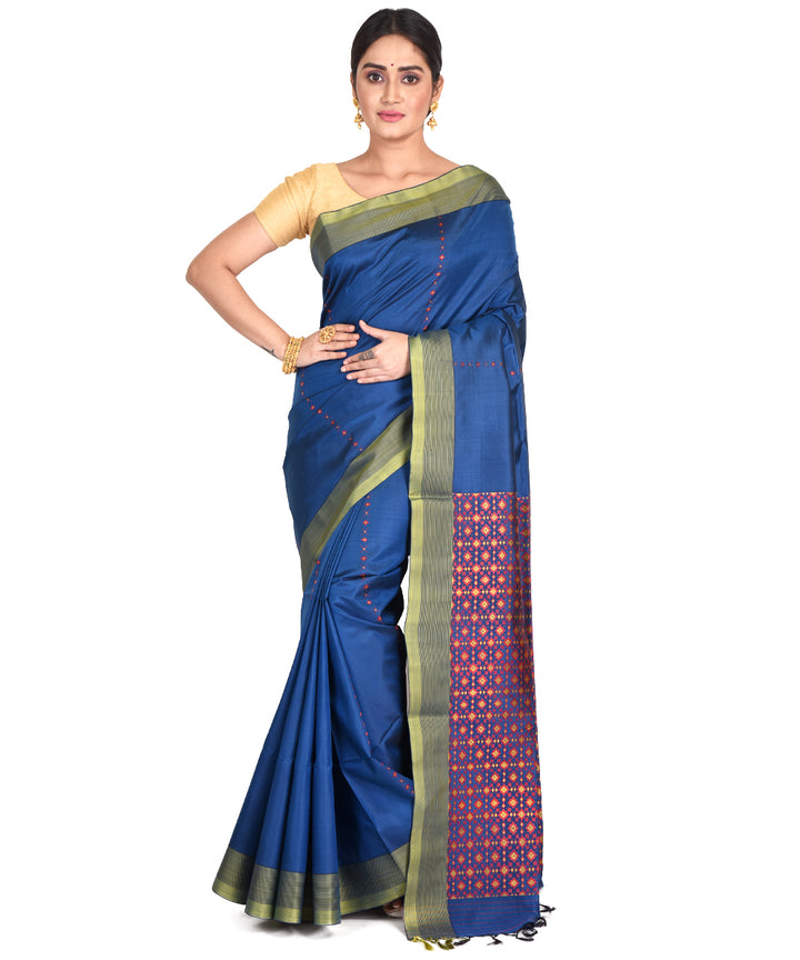 Navy blue red handwoven silk bengal sari