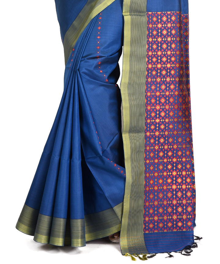 Navy blue red handwoven silk bengal sari