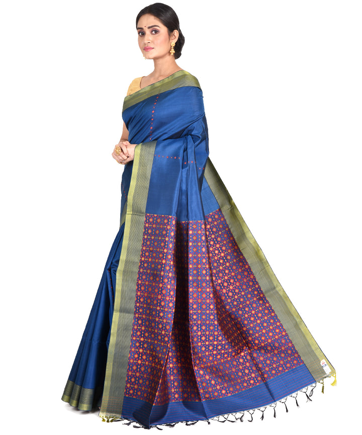 Navy blue red handwoven silk bengal sari