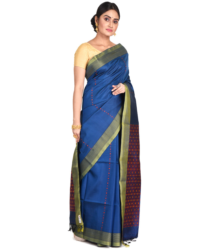 Navy blue red handwoven silk bengal sari