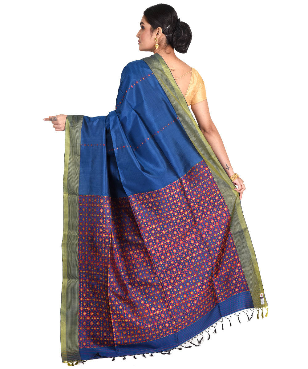 Navy blue red handwoven silk bengal sari