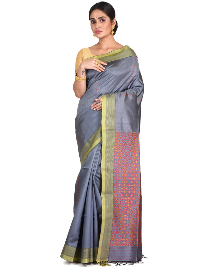 Steel grey handwoven silk bengal sari