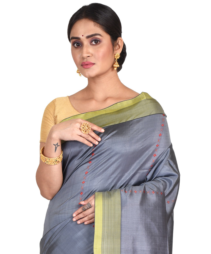 Steel grey handwoven silk bengal sari