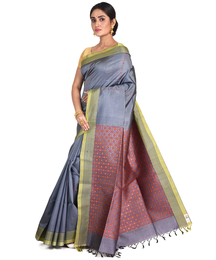Steel grey handwoven silk bengal sari