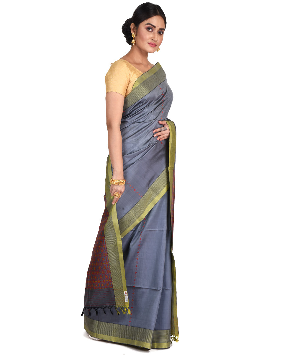 Steel grey handwoven silk bengal sari