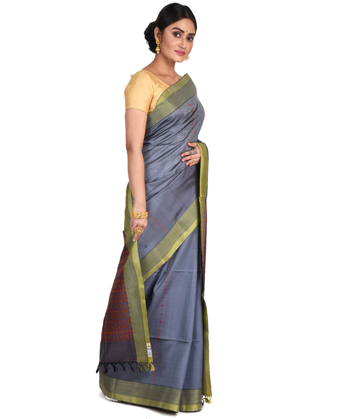 Steel grey handwoven silk bengal sari