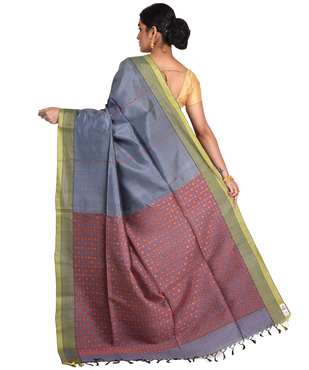 Steel grey handwoven silk bengal sari