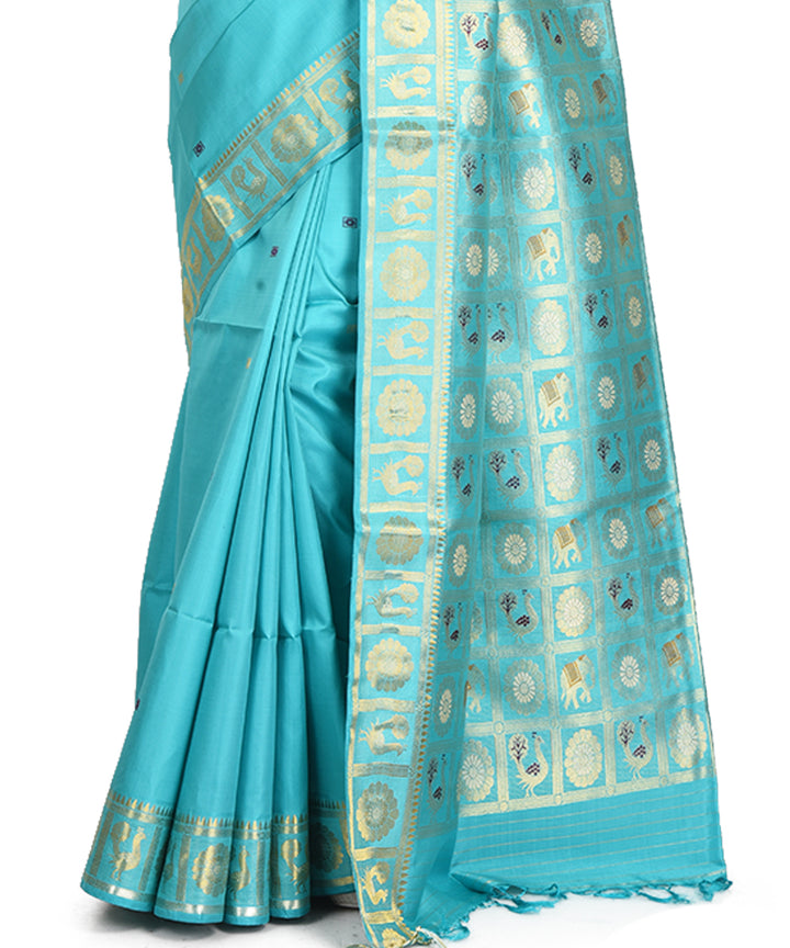 Cyan handwoven silk bengal sari