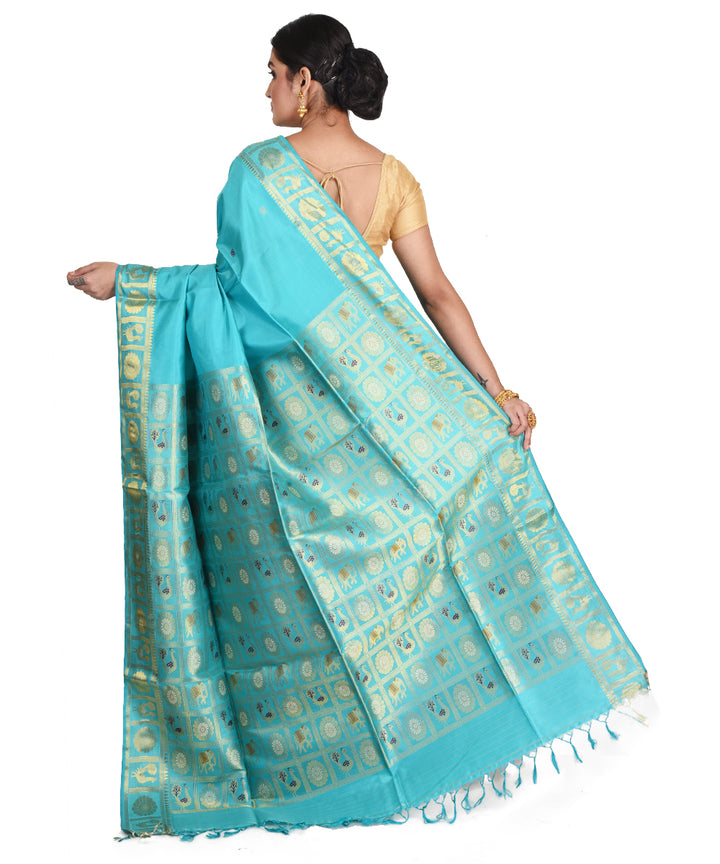 Cyan handwoven silk bengal sari