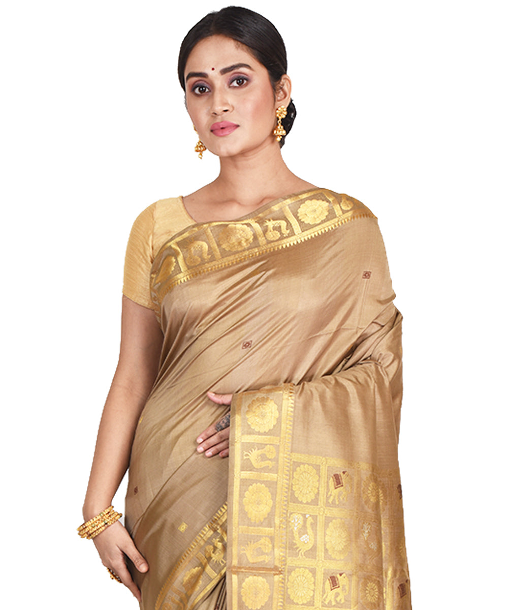 Beige handwoven silk bengal sari