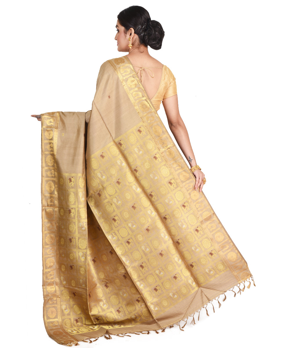 Beige handwoven silk bengal sari