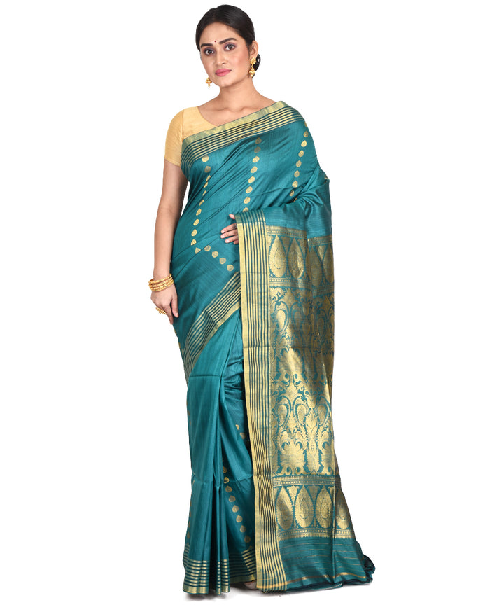 Teal green handwoven tussar silk bengal sari