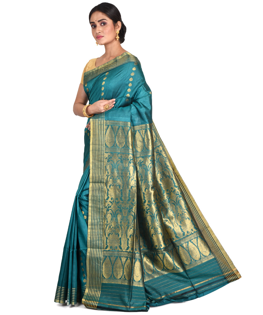 Teal green handwoven tussar silk bengal sari