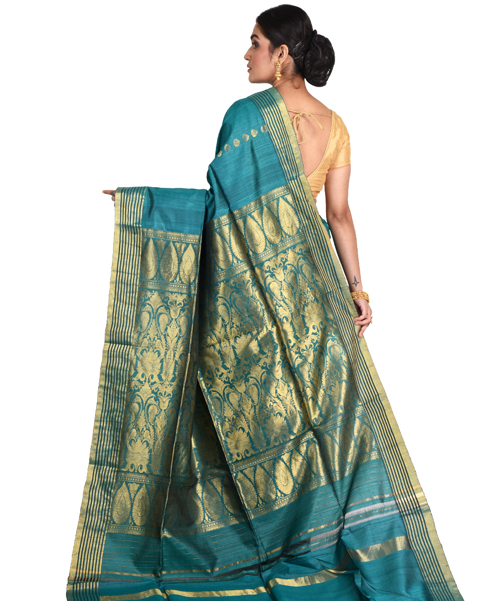 Teal green handwoven tussar silk bengal sari