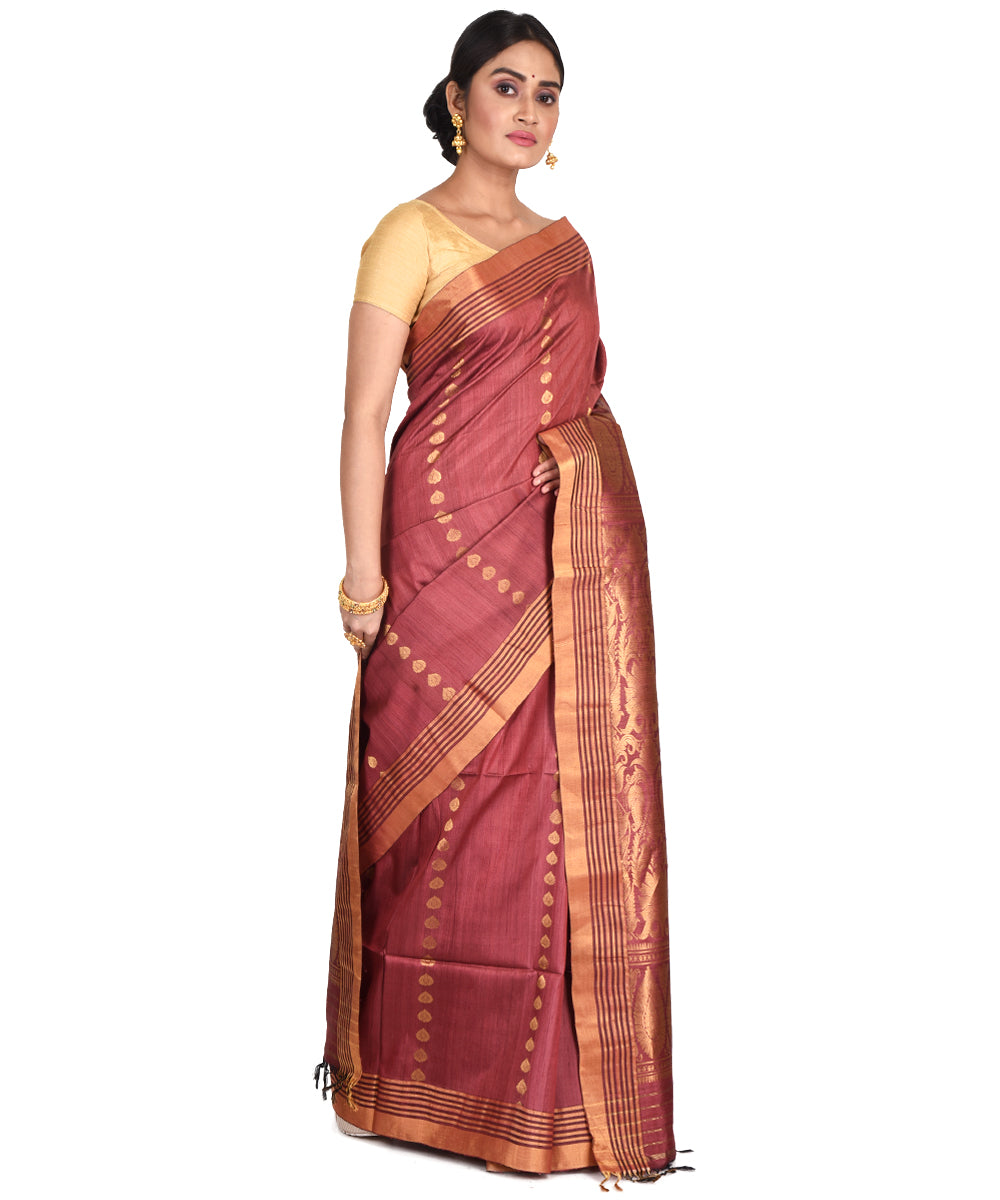 Brown handwoven tussar silk bengal sari