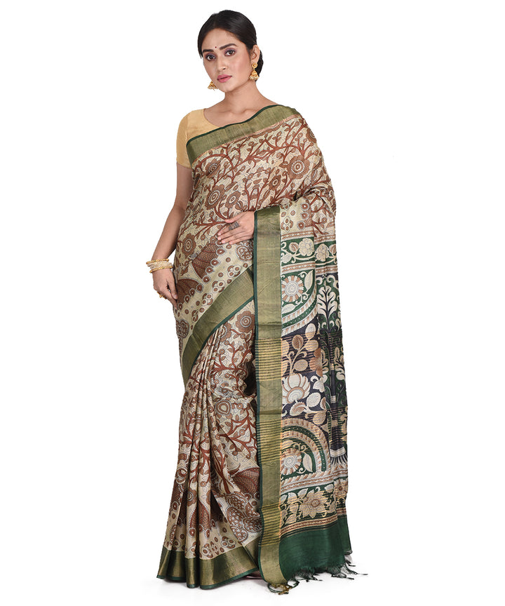 Brown green block print tussar silk bengal sari