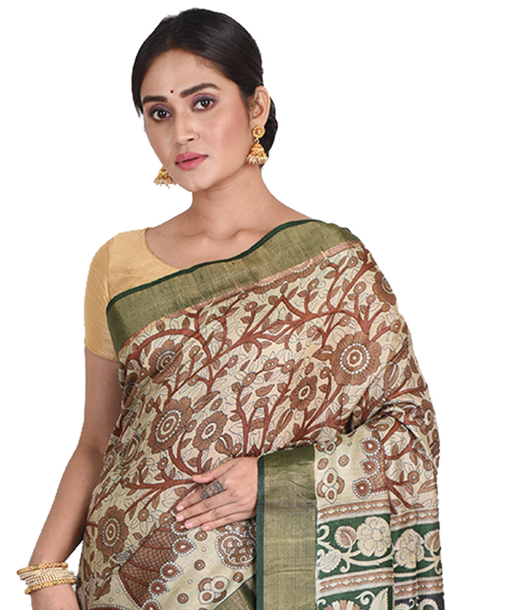 Brown green block print tussar silk bengal sari