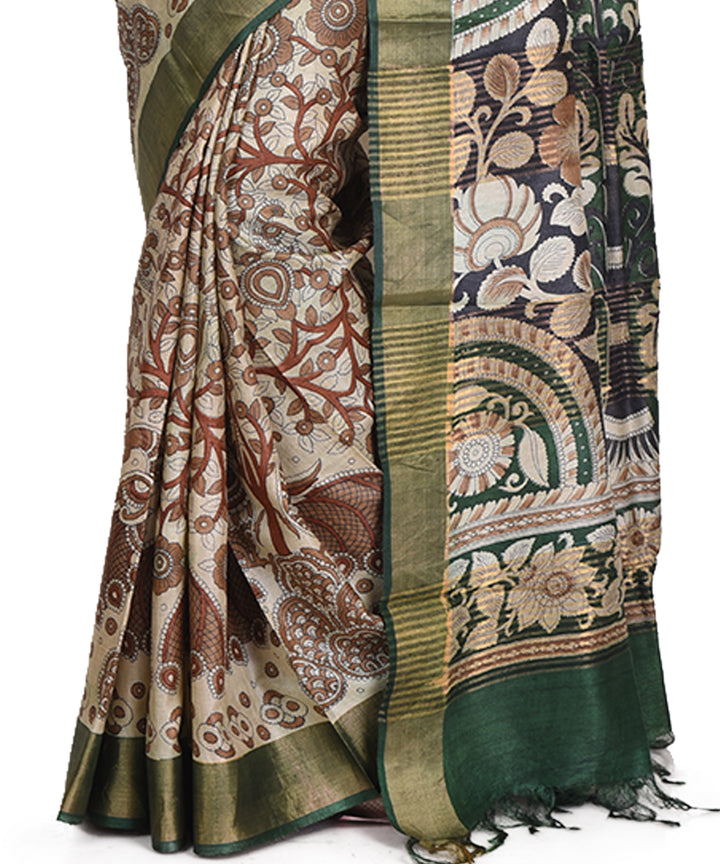 Brown green block print tussar silk bengal sari