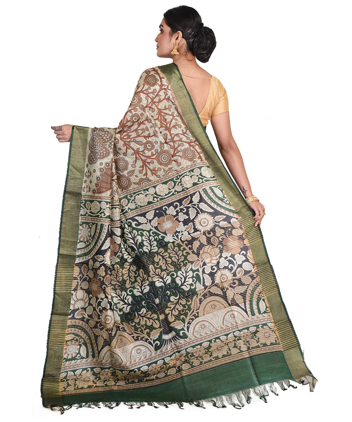 Brown green block print tussar silk bengal sari