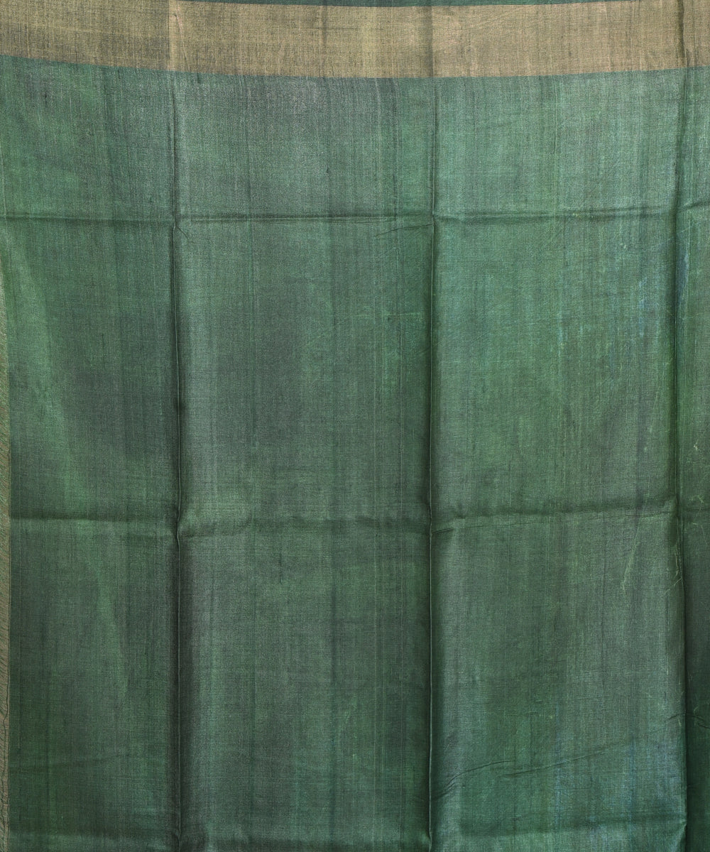 Brown green block print tussar silk bengal sari