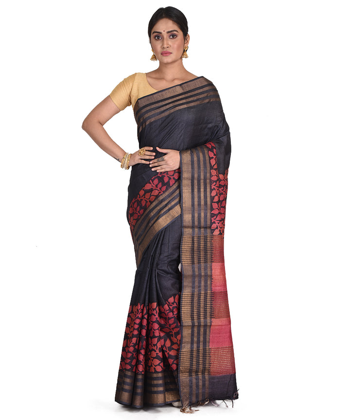 Black red block print tussar silk bengal sari