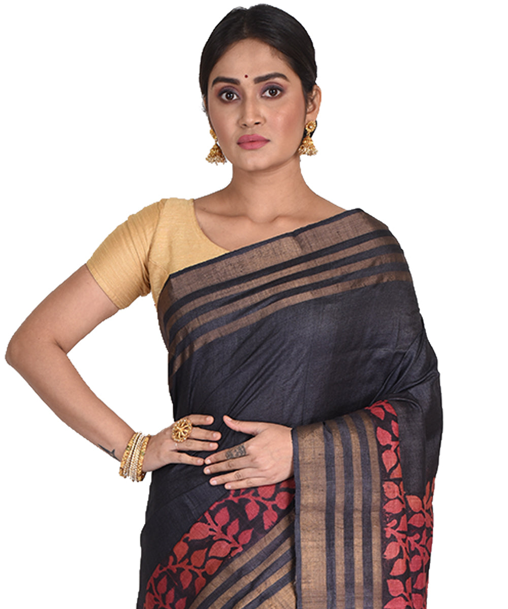 Black red block print tussar silk bengal sari