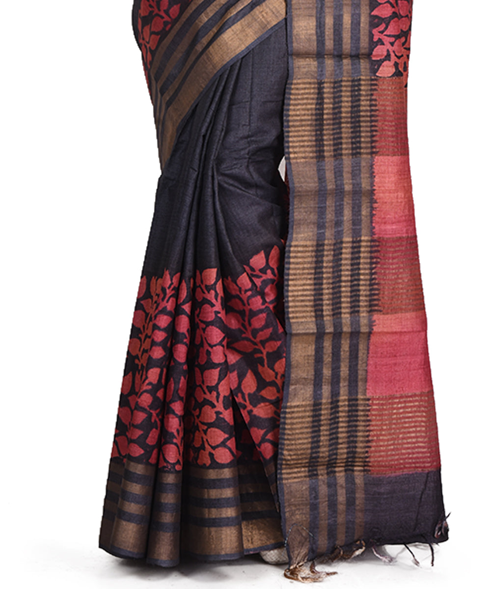 Black red block print tussar silk bengal sari