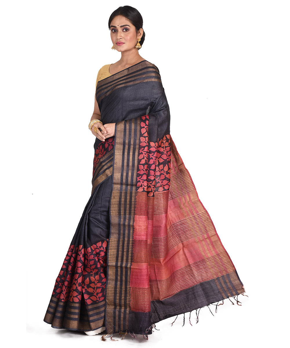 Black red block print tussar silk bengal sari