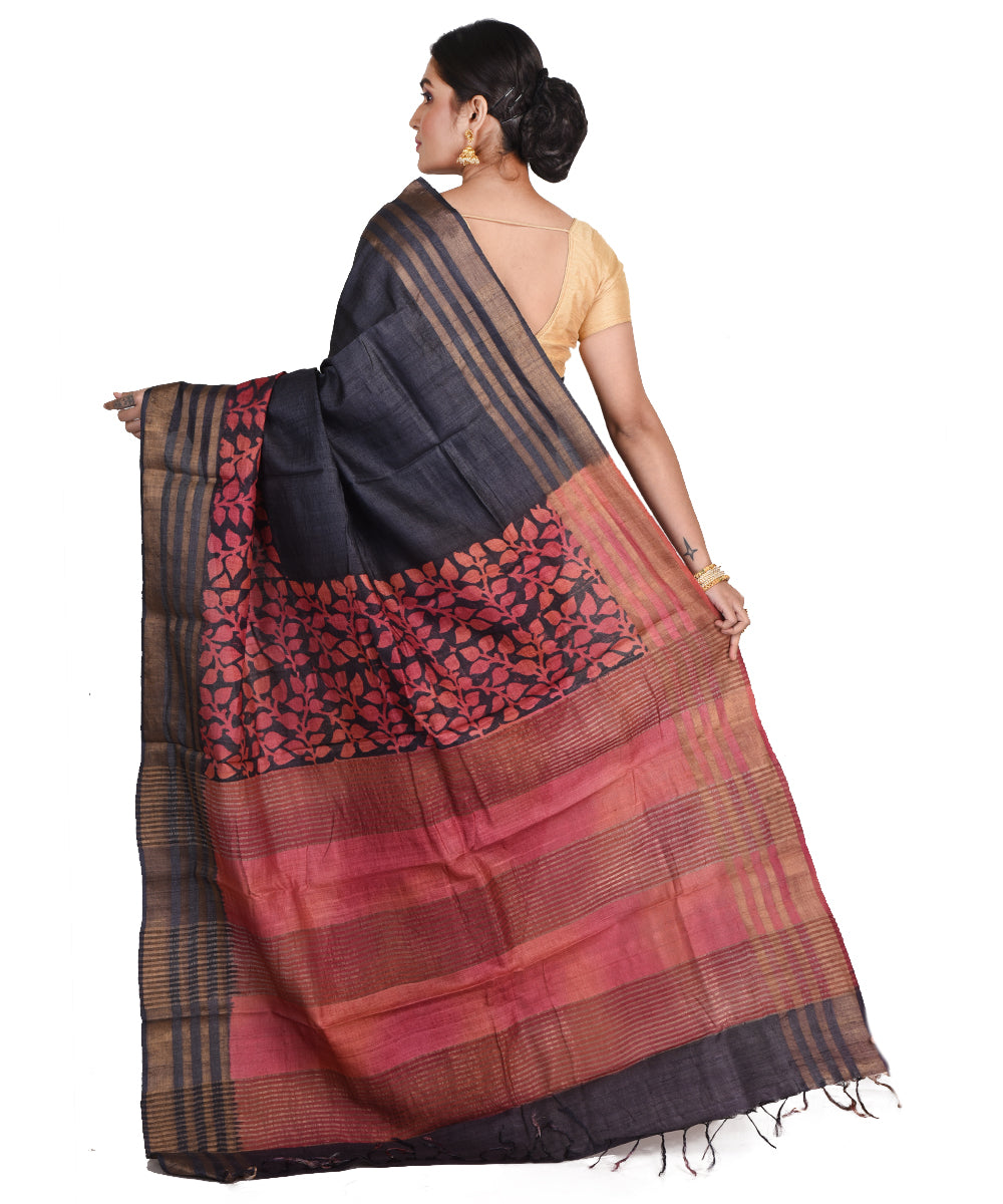 Black red block print tussar silk bengal sari