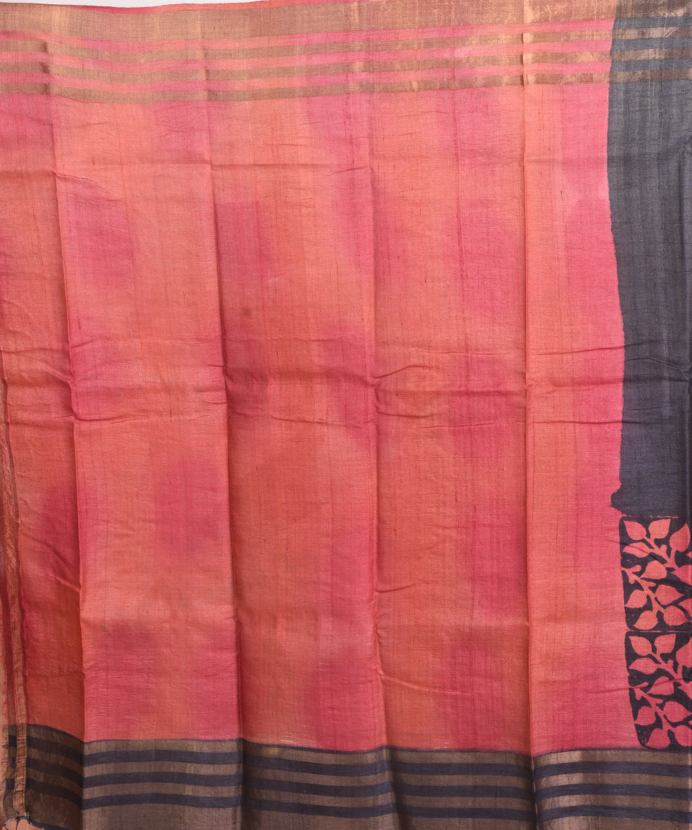 Black red block print tussar silk bengal sari