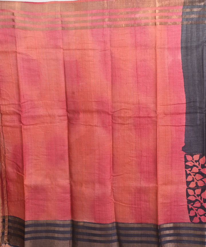 Black red block print tussar silk bengal sari