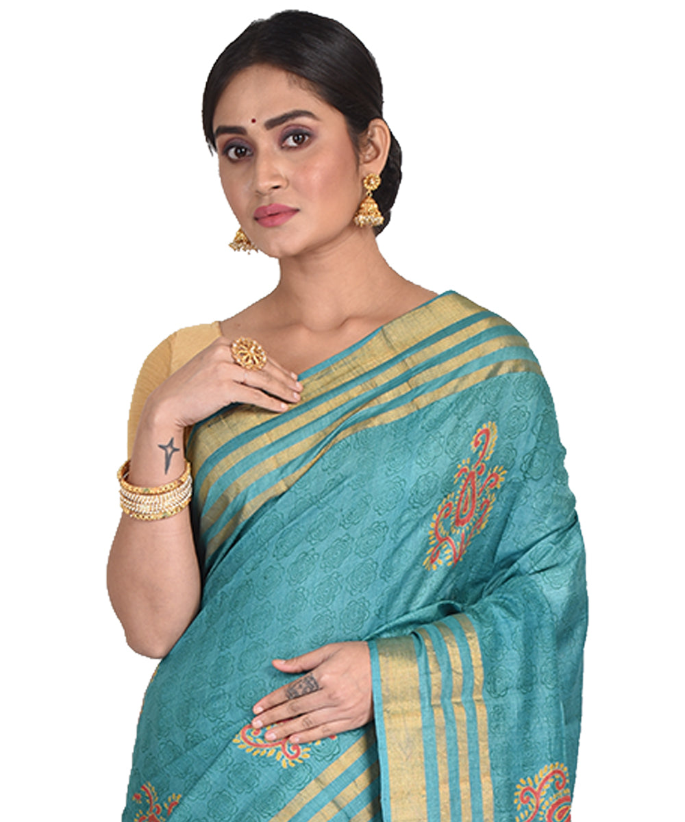 Cyan green block print tussar silk bengal sari
