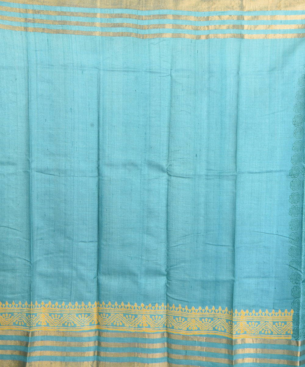 Cyan green block print tussar silk bengal sari