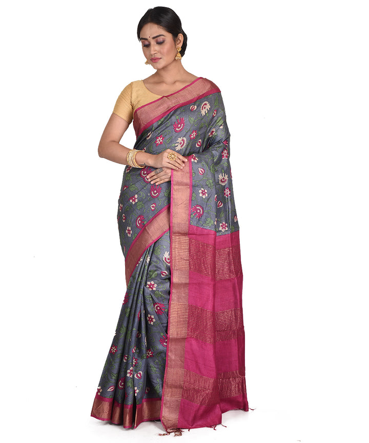 Grey pink block print tussar silk bengal sari