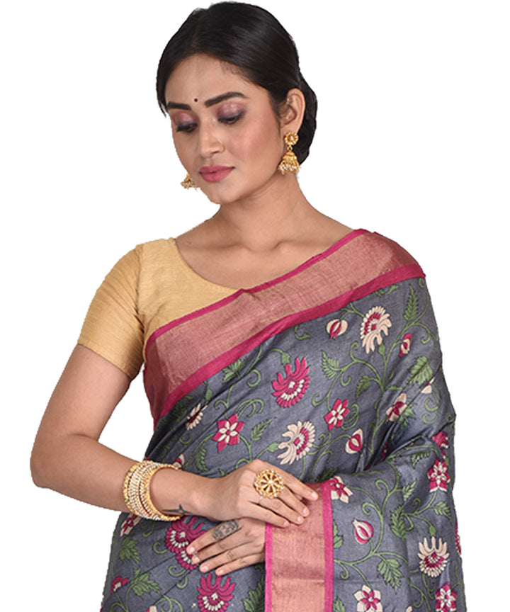 Grey pink block print tussar silk bengal sari