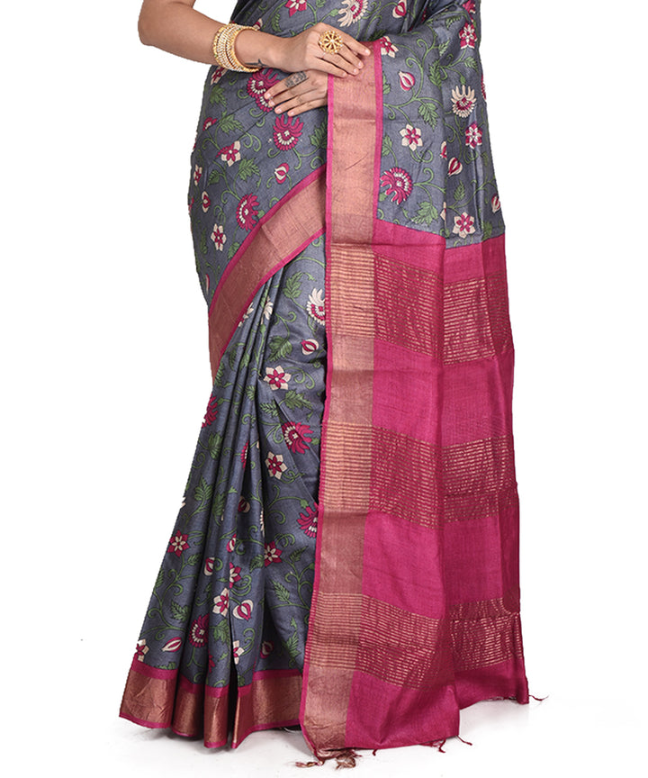 Grey pink block print tussar silk bengal sari