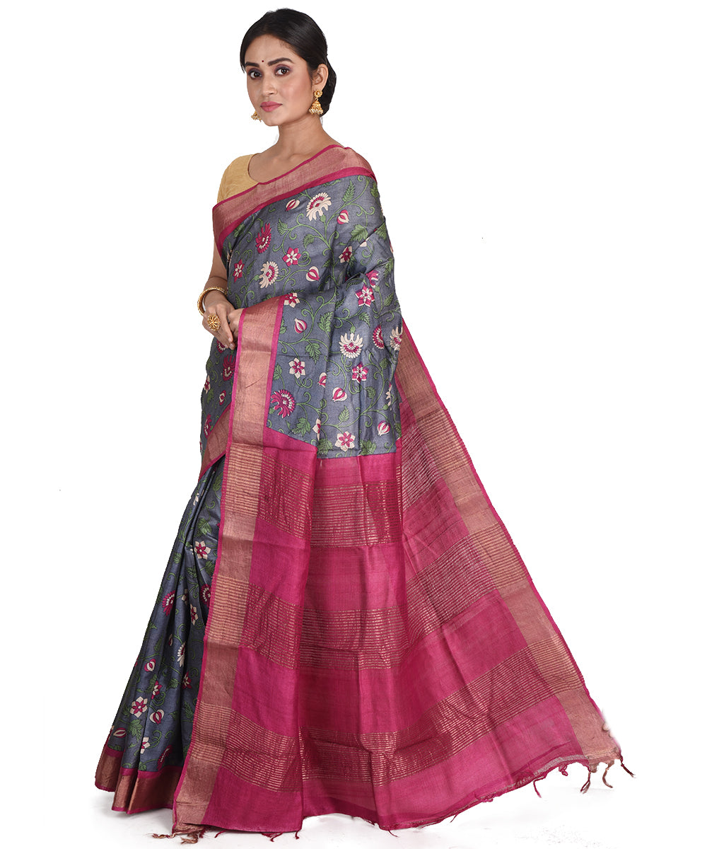 Grey pink block print tussar silk bengal sari