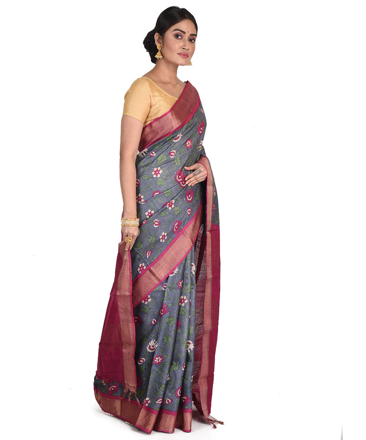 Grey pink block print tussar silk bengal sari