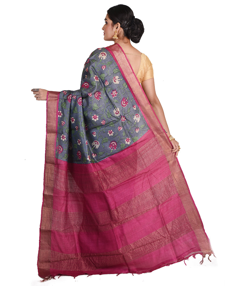 Grey pink block print tussar silk bengal sari