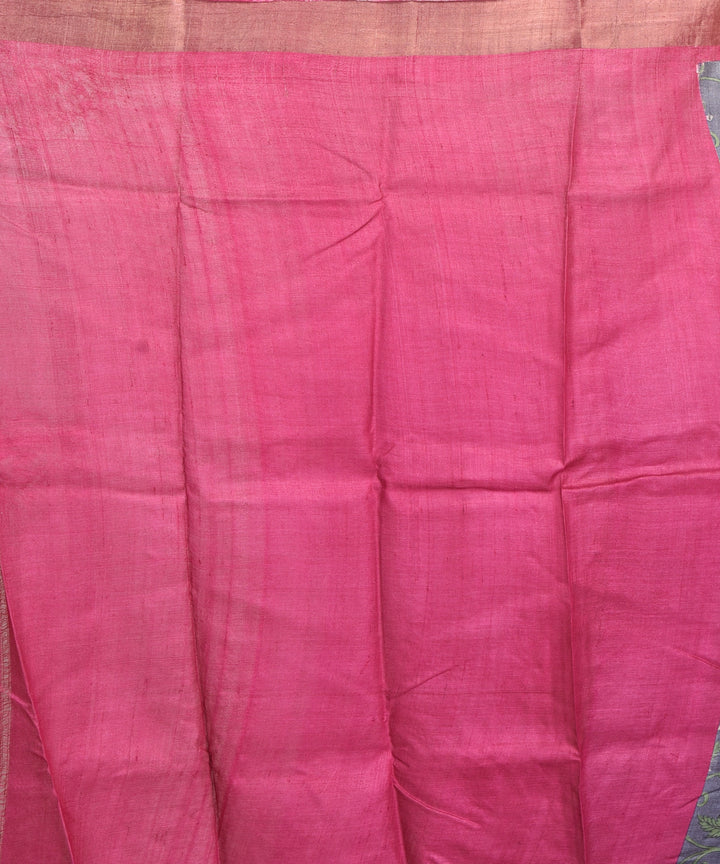 Grey pink block print tussar silk bengal sari